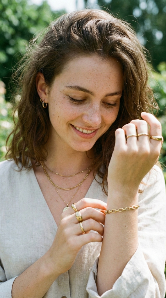 Mujer admirando su pulsera con delicadeza